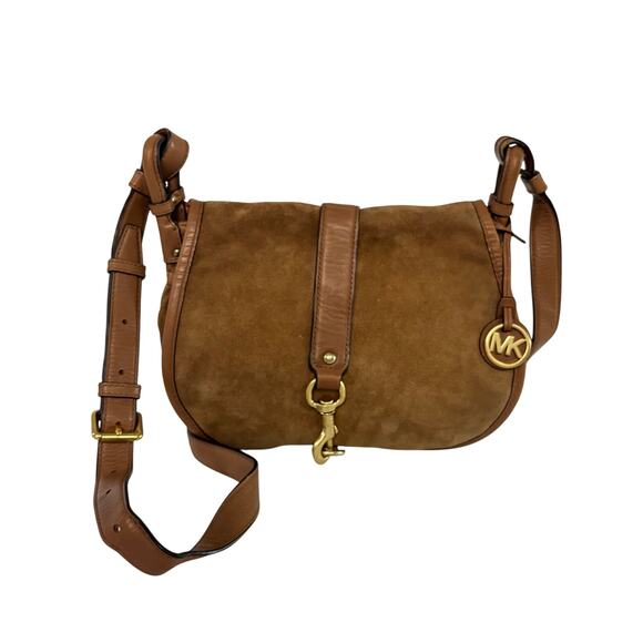 Michael Kors Jamie Large Suede Saddle Bag Brown Leather Crossbody Messenger - Picture 1 of 16